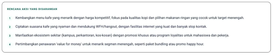 Rekomendasi aksi: langkah strategis berdasarkan posisi kompetitor.